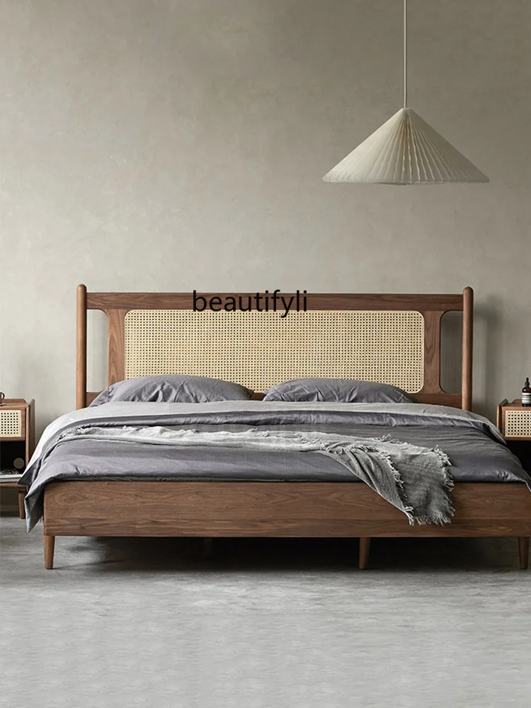 Solid Wood Bed Nordic Modern Minimalist Black Walnut Color Rattan Bed Retro Master Bedroom Double Bed New Chinese Style