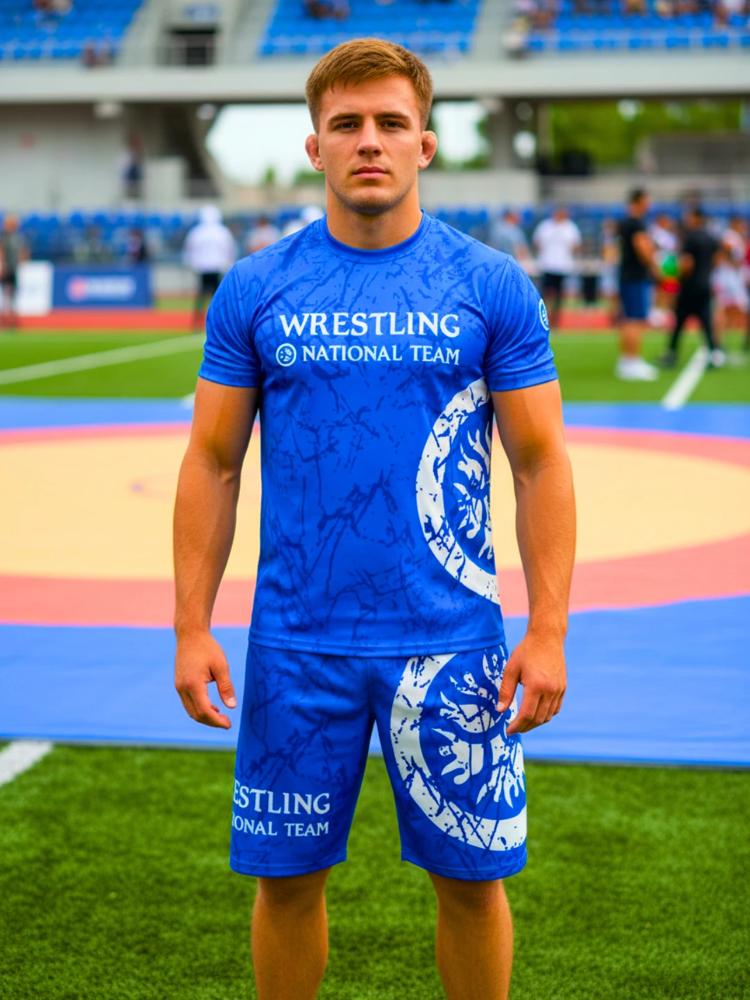 2025, Wrestling-National-Team-Sportset für Herren, blau-rotes Grafik-Rashguard-T-Shirt und Shorts, schnell trocknender MMA-Trainingskampfanzug