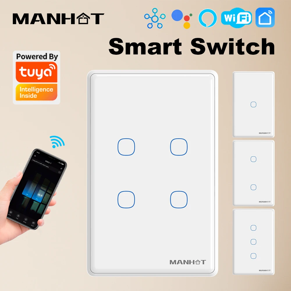 

MANHOT Smart WiFi Touch Switch US 1-4 Gang Support Neutral/No Neutral Wire Compatible APP Control Smart Life Alexa Google Home