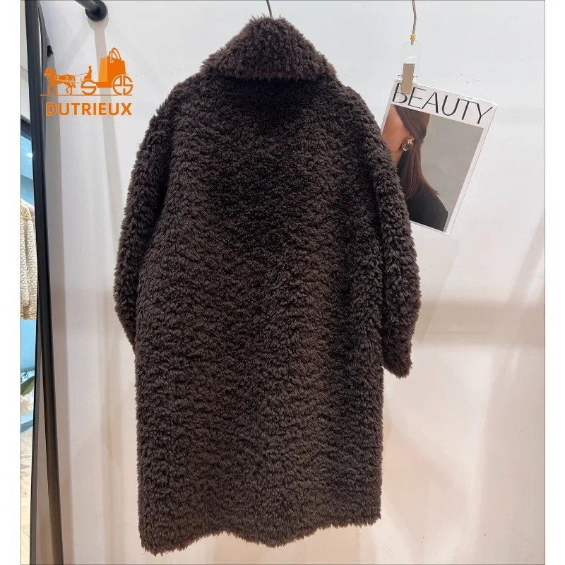 24 Winter New Fur Coat for Women, Fashionable Long Round Neck Teddy Bear Lamb Wool Coat with Scarf Loose Silhouette Warm Jacket