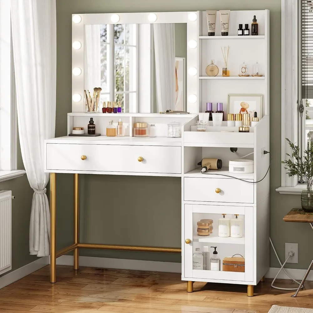 Makeup Vanity with Lights in 3 Colors, Vanity Desk with Mirror and Lights, White Vanity Table with Charging Station, Makeup Desk