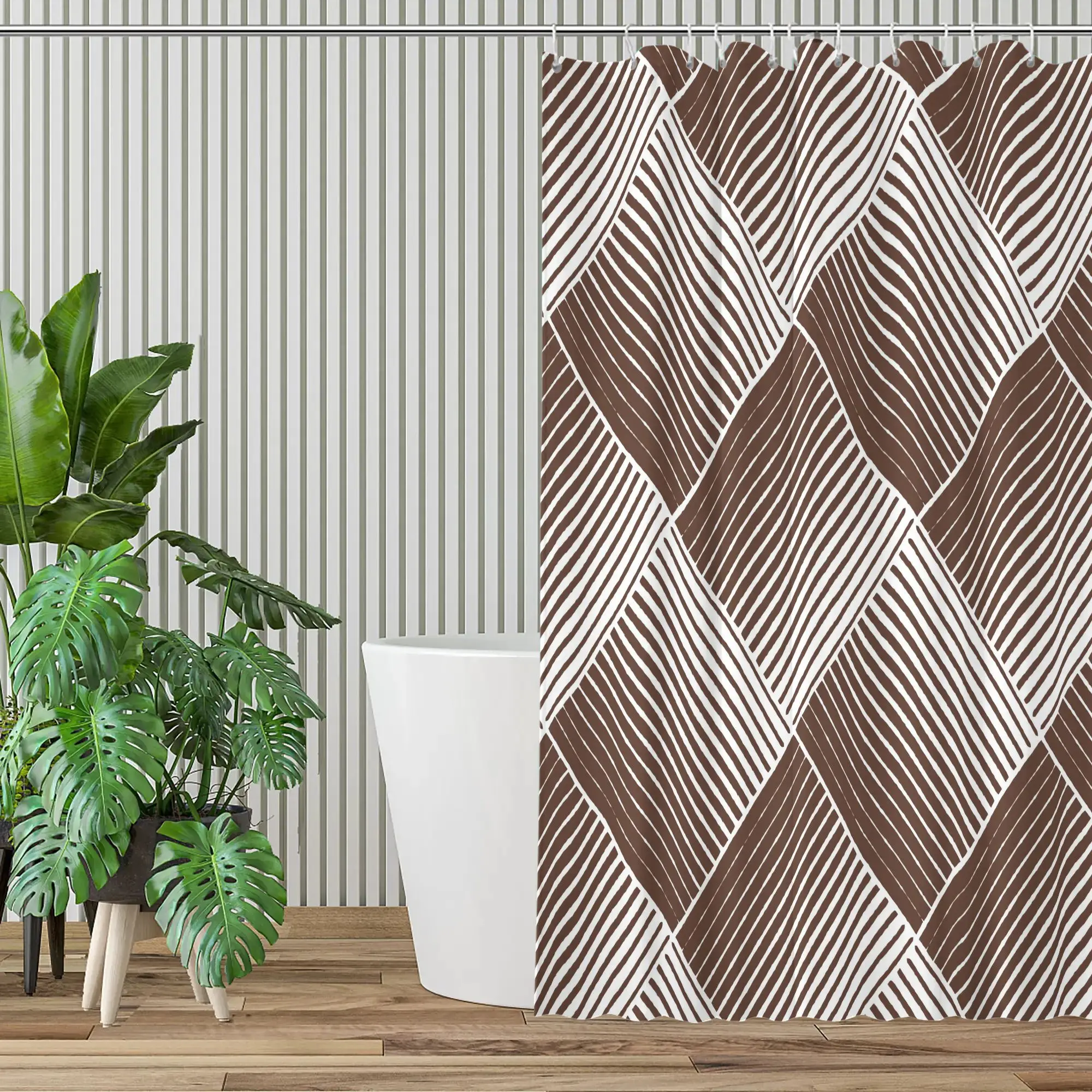 Luxury Modern Geometric Diagonal Stripe Brown and White Shower Curtain Waterproof Bathroom Decor Curtain 90x180cm