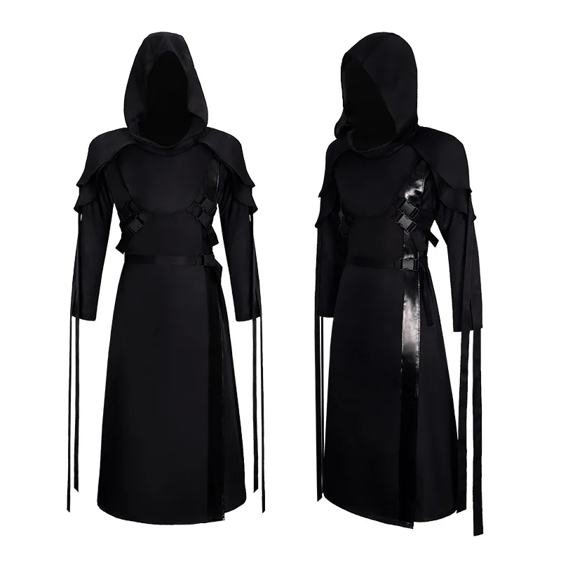 Horror Ghost Face Killer Cosplay Black Hooded Robe with Belts Medieval Assassin Cloak Halloween Party Costume view 4