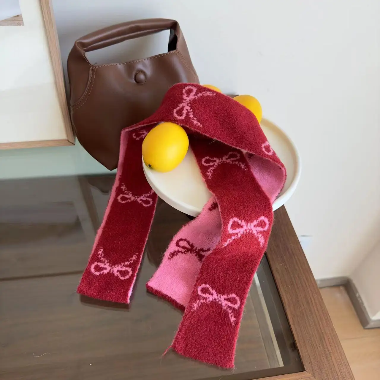 Korean Ins Double-sided Bow-tied Thin Scarf Winter New Warm Versatile Decorative Narrow Version Red Knitted Scarf