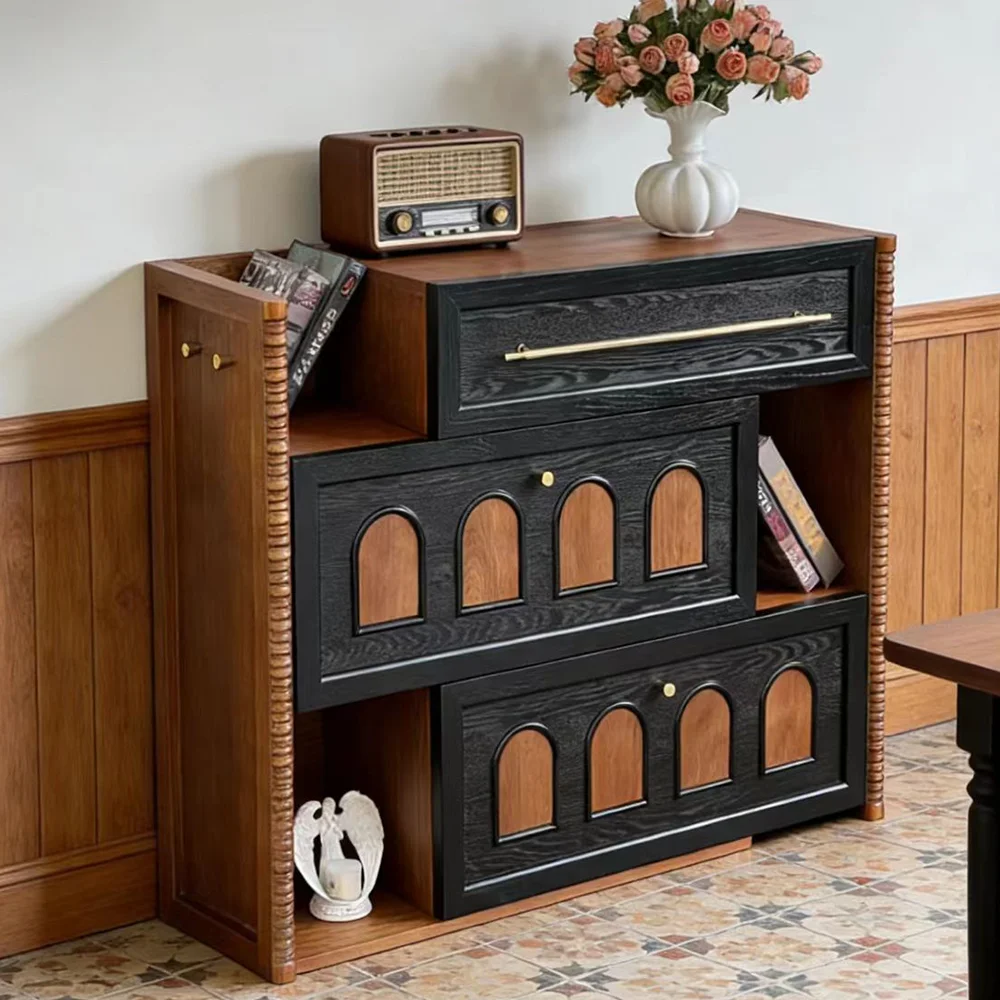Wooden Sideboard, Solid Wood Geometric Carved Console Table, Black-Stained Oak, Natural Walnut Cabinet, Modern Hallway Furniture