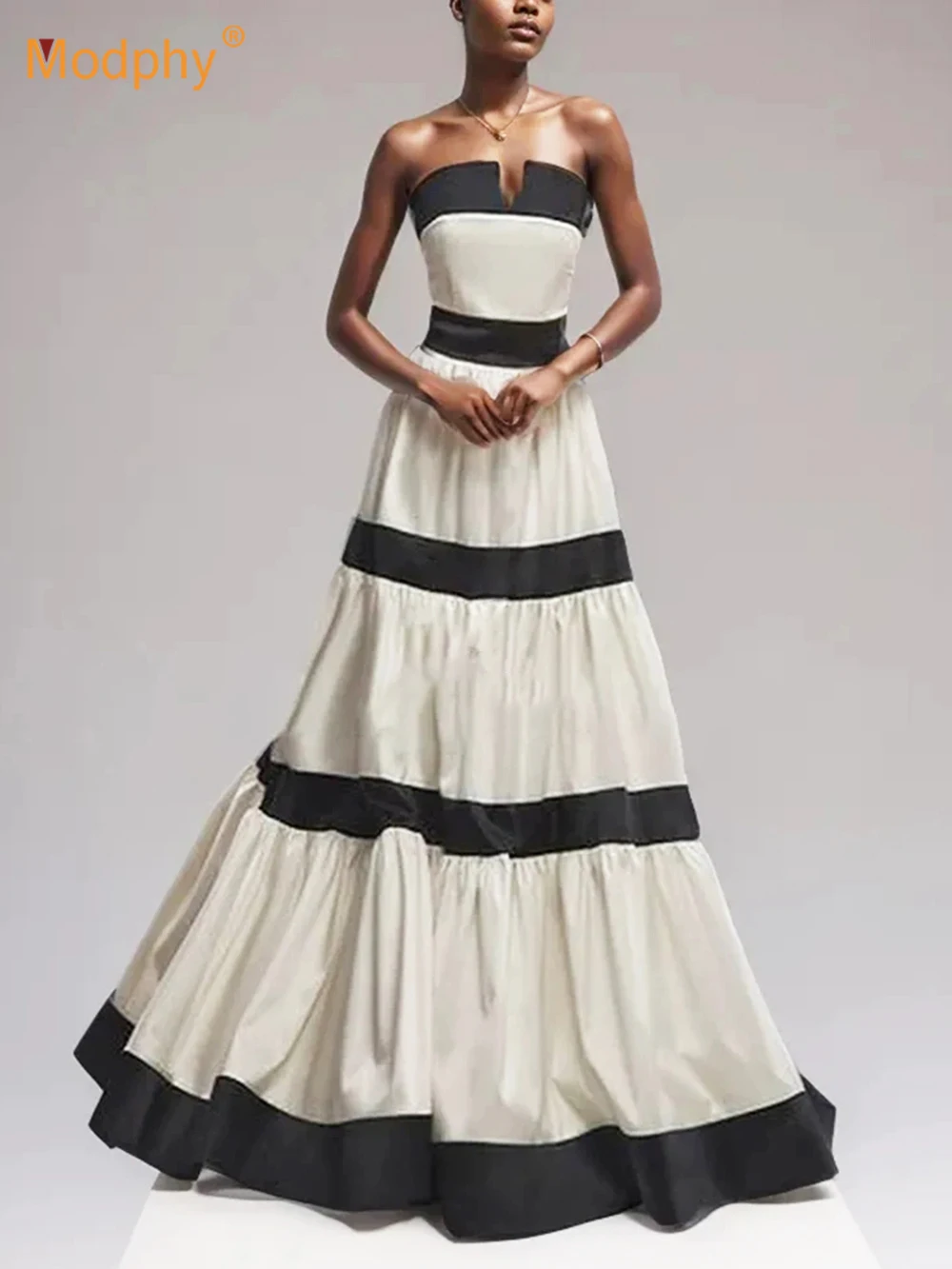 Modphy Elegant Colorblock Patchwork Bow Dresses For Women Strapless Sleeveless High Waist Formal Long Dress Female Wedding Gowns