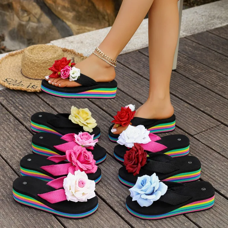 Clip Toe Mixed Color Flower Sandals Women Fashion Rainbow Striped Wedges Flip-Flops Ladies Plus Size Soft Soles Platform Slides
