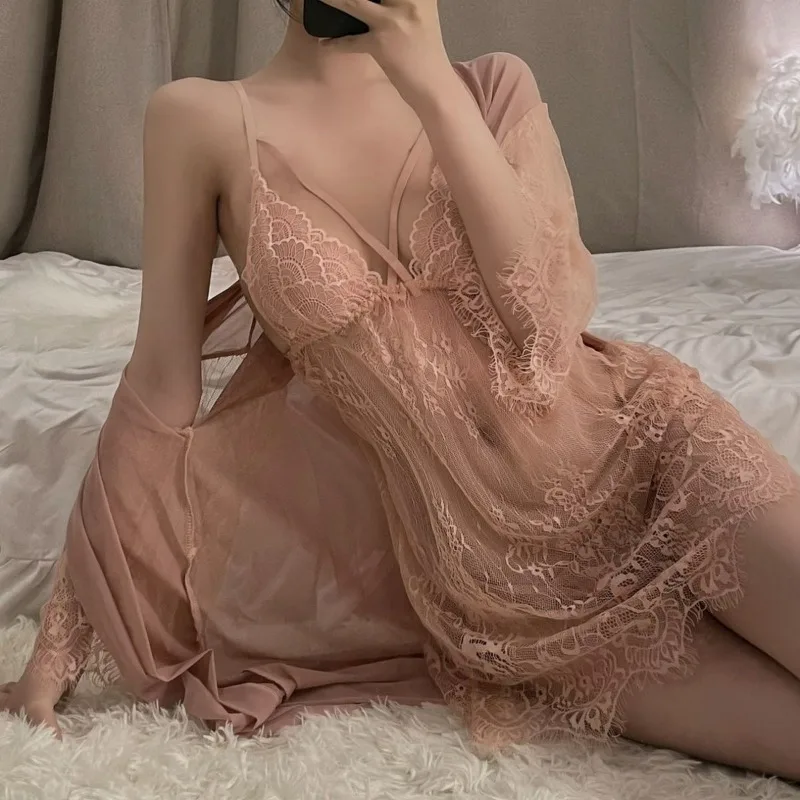 Sexy Pajamas Women Big Size Sleepwear Mesh Dress Nightgowns Cardigan Thong Three-piece Suit Lace Loungewear Night Gown New