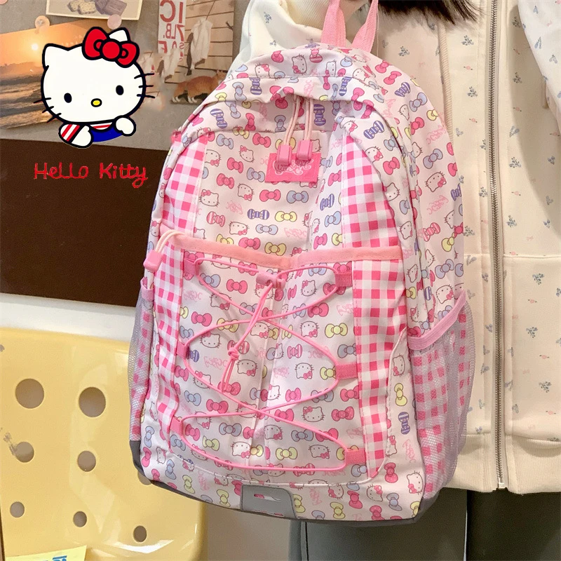 Kawaii Hello Kitty Pink Soft Girl School Bag Cartoon Y2K Girl Bow Print Oxford Cloth Travel Backpack Cute Fashion Large Capacity