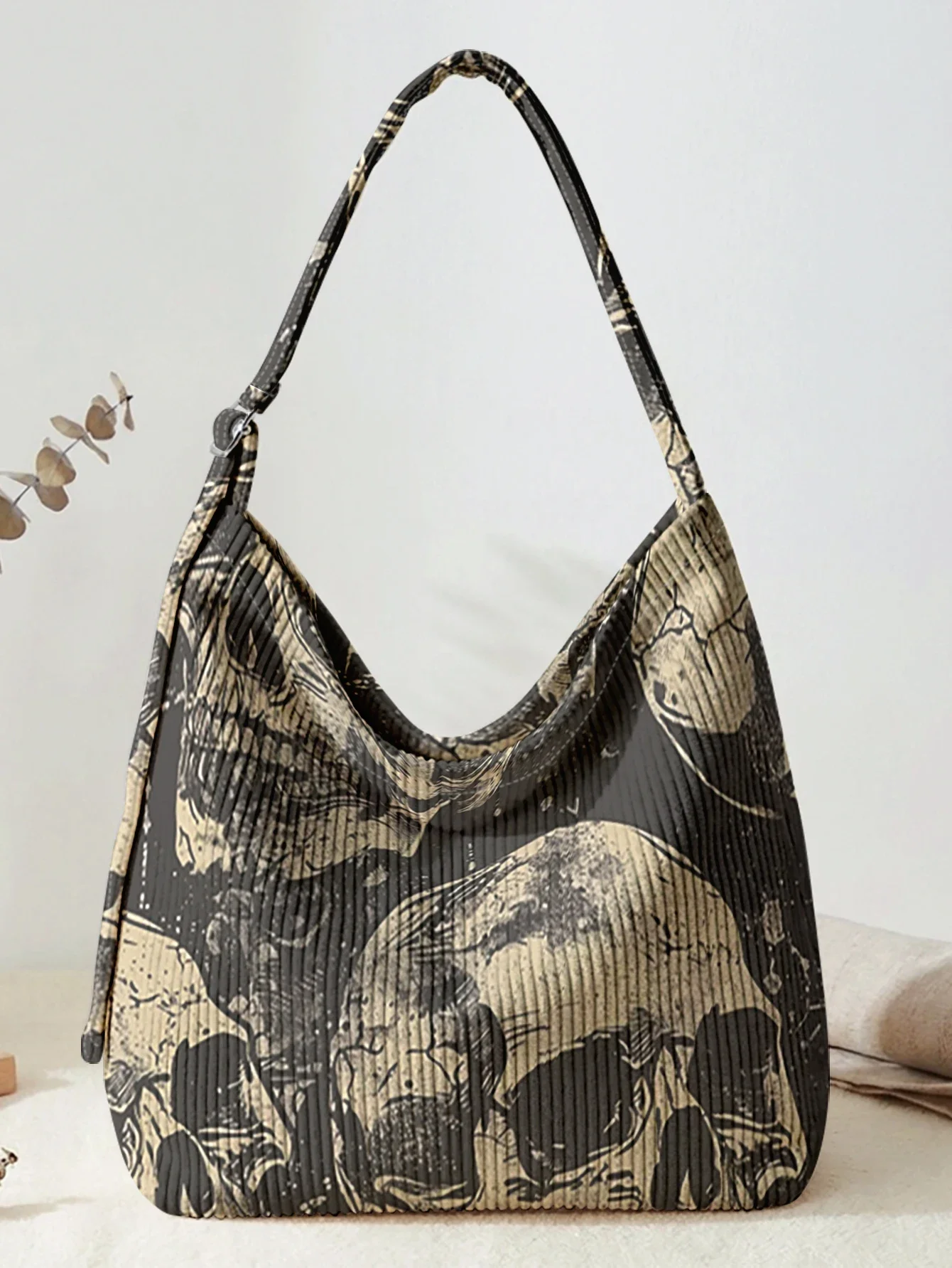 Vintage Skull Print Corduroy Hobo Bag Adjustable Strap Large Capacity Shoulder Tote Bag For Daily Shopping Travel
