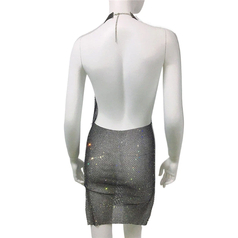 Damen Glänzendes Strass-Mesh-Neckholder-Minikleid Sexy Durchsichtiges Funkelndes Bodycon-Kleid Clubwear Strandparty-Überwurfkleid платье женское 2026 – Detail 7