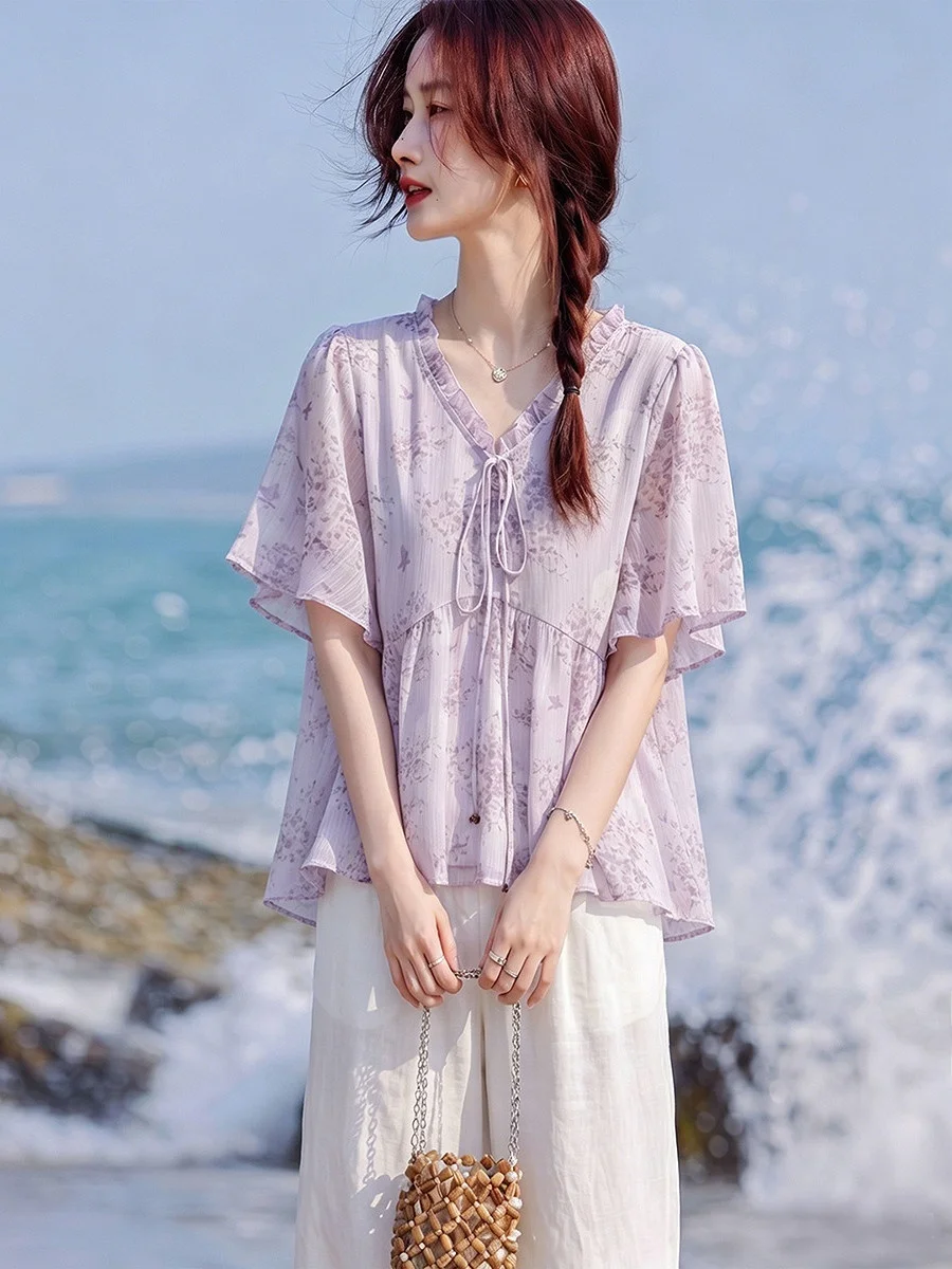 

Fashionable Floral Lace Trim Short Sleeve Women's Shirt French Style Polyester Fiber Summer Youthful Design Sense Blouse