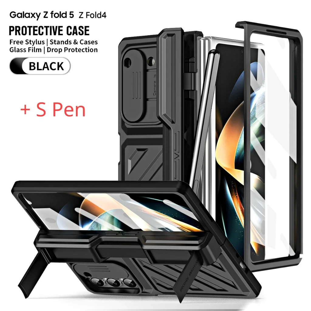 With S Pen Armoured Frosted Screen Glass Protection Impact Resistant Phone Case for Samsung Galaxy Z Fold5 Fold4 Protection Case