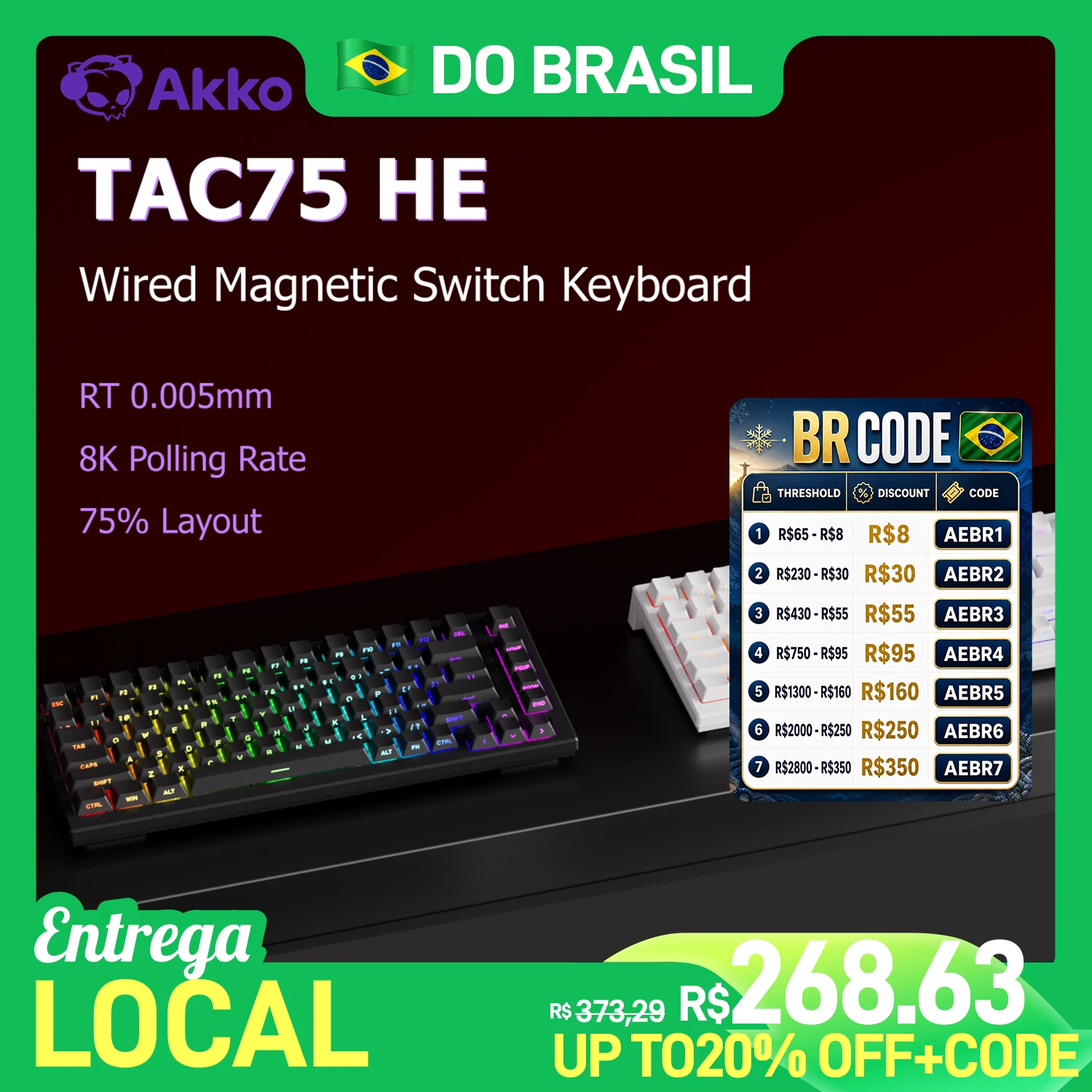 Teclado Magnético Akko TAC75 HE 75% com Gatilho Rápido de 0,005mm, RGB, Taxa de Polling de 8K, Teclado Mecânico com Fio para Jogos Esportivos para Gamers