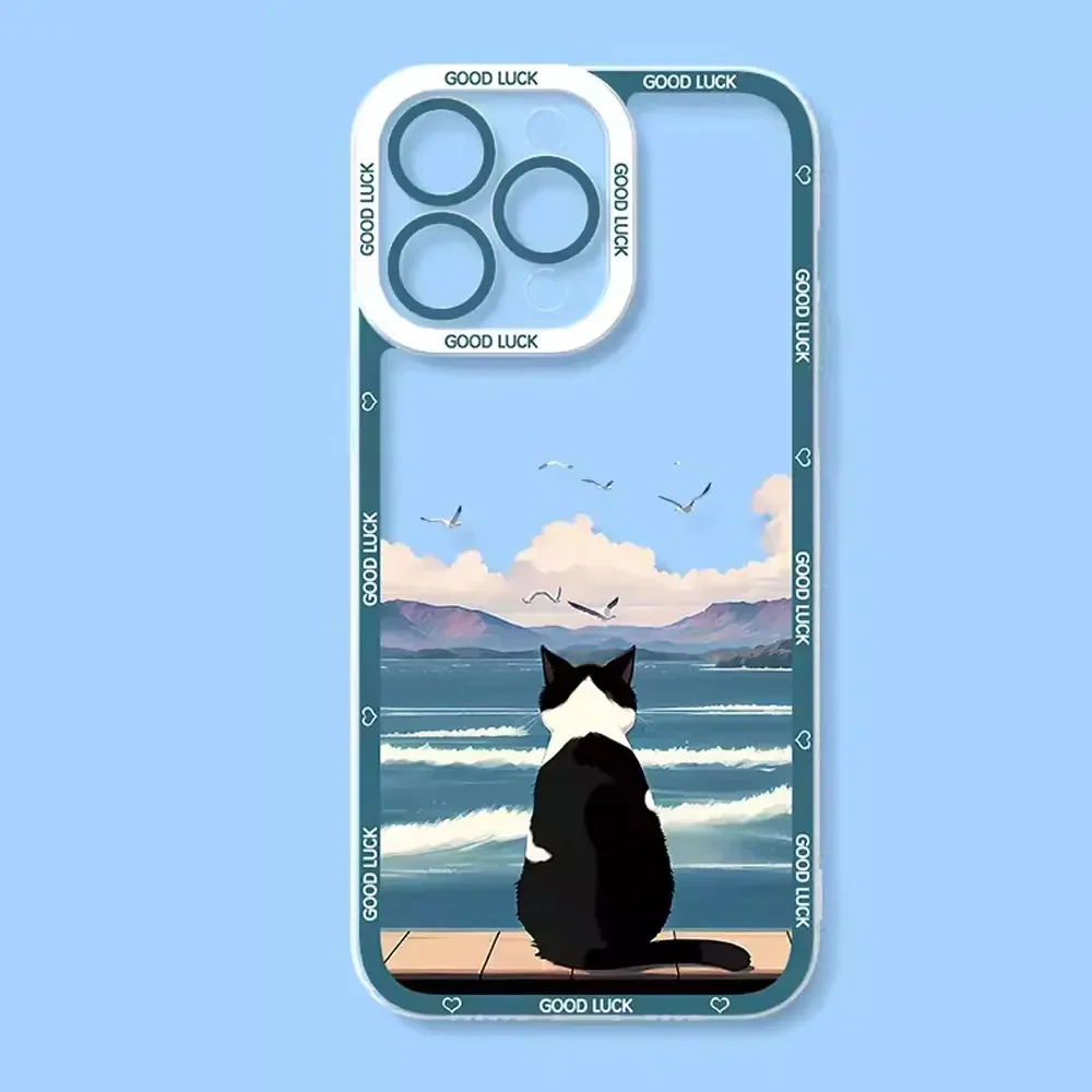 Etui na telefon Funny Sunset Cat do iPhone\'a 16 15 14 13 12 11 Pro Max XS X SE20 7 8 Plus Clear Scenery Soft Cover do Iphone 11 Fundas