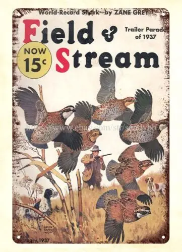 1937 FIELD & STREAM magazine hunting Lynn Bogue Hunt cover metal tin sign