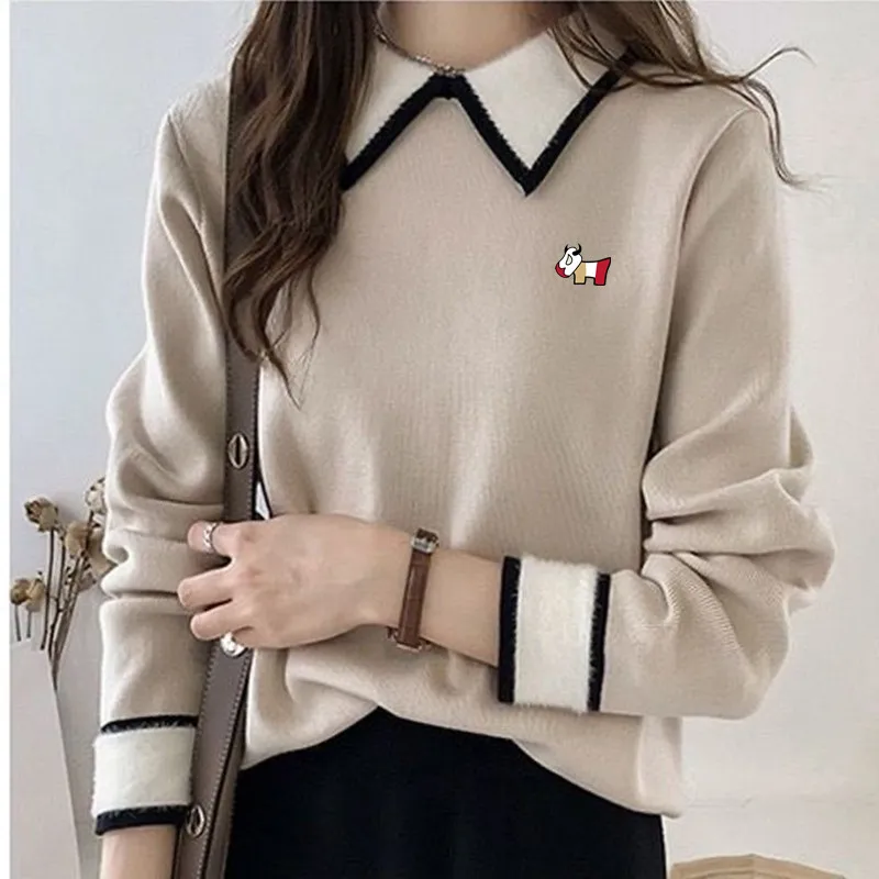 Luxury Brand Golf Knit Women Golf Wear 2024 Autumn New Golf Long Sleeves Fashion Doll Collar Casual Top Women Golf Clothes 골프용품