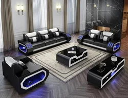 Manbas Lederen Sofa Set Met Led Licht Woonkamer Meubelen Couch Banken Modernos Para Sala Grandes Sofás Met Usb Opladen, tabl