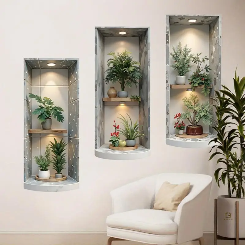 3Pcs Marble Wall Niche Plant Print Wall Stickers Modern Green Plant Recessed Cabinet Self Adhesive Wallpaper For Hallway