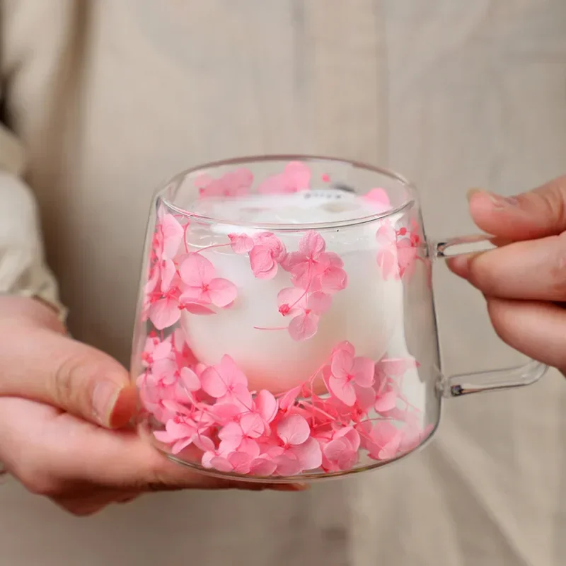 Dubbele Wand Glazen Beker Helder Gedroogde Bloemen Helder Glas Theekop Koffie Melk Water Creatieve Geschenken Geïsoleerde Glazen Bekers Met Handvat