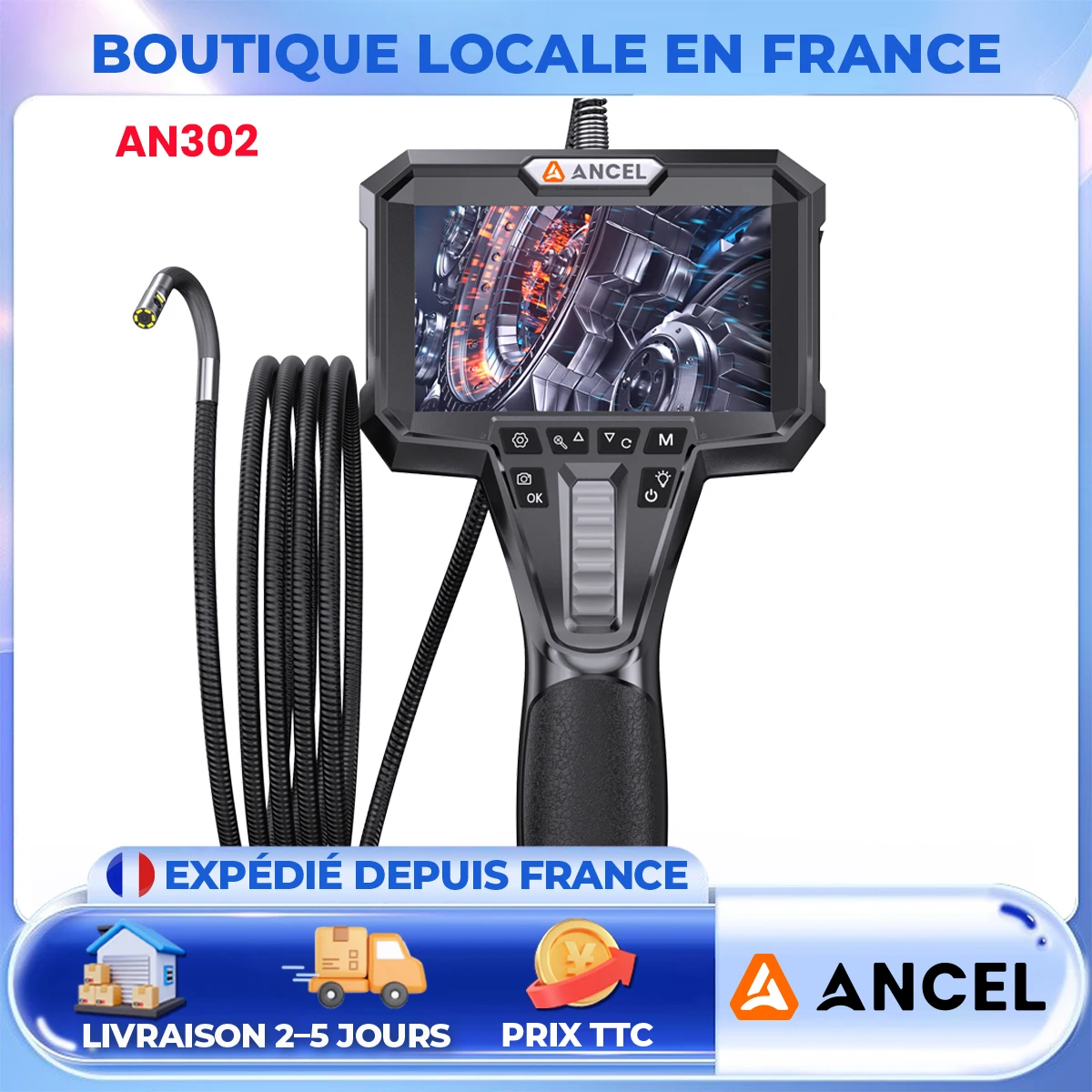 ANCEL AN302 Endoscope double caméra Endoscope articulé bidirectionnel avec 7 LED outil d'inspection HD multifonctionnel