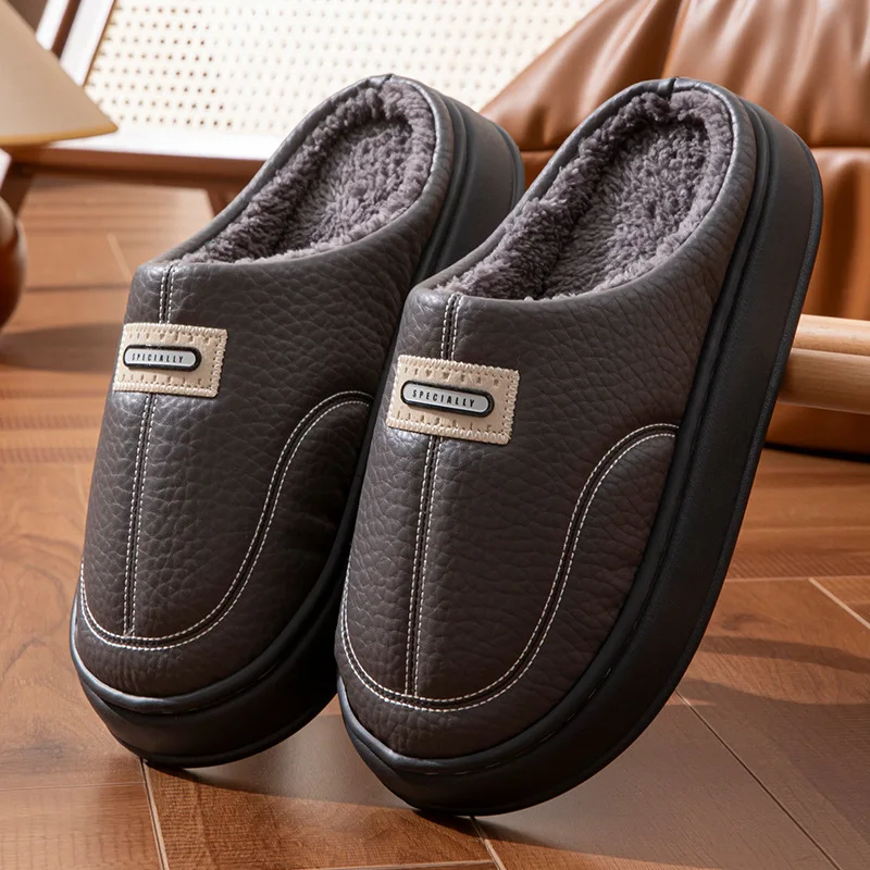 

PU Leather Big Sizes 50 51 Men slippers Indoor Waterproof Fur Flat Men's Winter Home Slipper Cotton Bedroom Houseshoes Wholesale