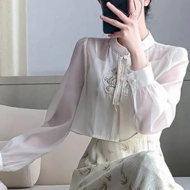 Chinese Style Retro Summer New Shirts Women\'s Patchwork Embroidered Button Stand Collar Loose Short Long Sleeve Chiffon Blouses