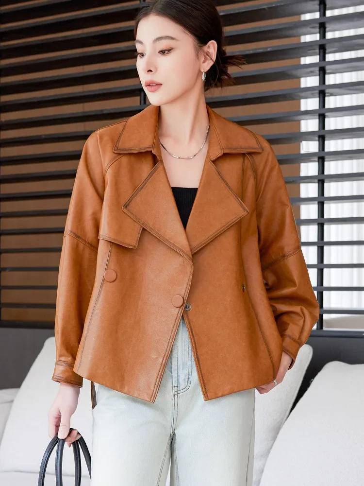 Chaqueta de cuero genuino a la moda para mujer, fajas Vintage ajustadas, cortavientos de piel de oveja de estilo corto, ropa de abrigo informal