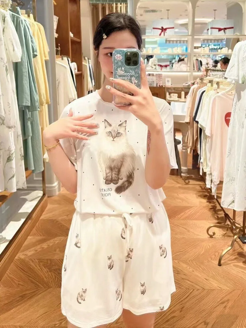 Japanese Summer New Cute Cat Dot Short Sleeve Top T-shirt Women Shorts Modal Cotton Pajamas Pullovers Home Wear Suit Homewear