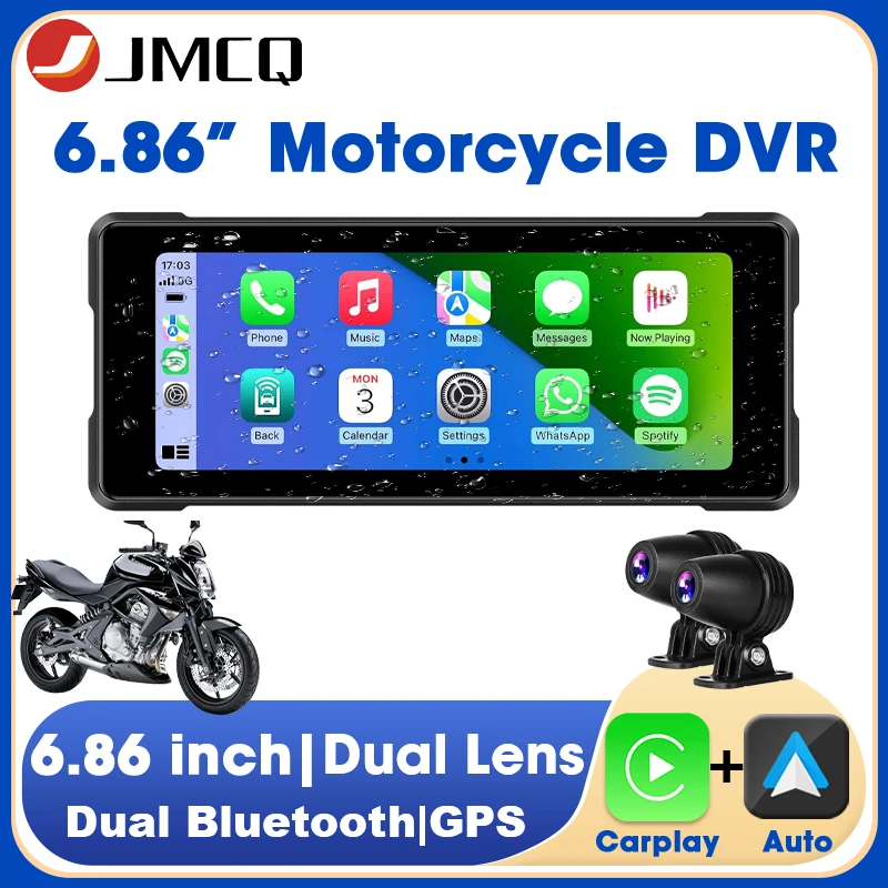 JMCQ 6.86'' Motorcycle DVR GPS Navigaton Wireless Carplay Android Auto Dash Cam IP67 Waterproof Dual Bluetooth Moto Monitor