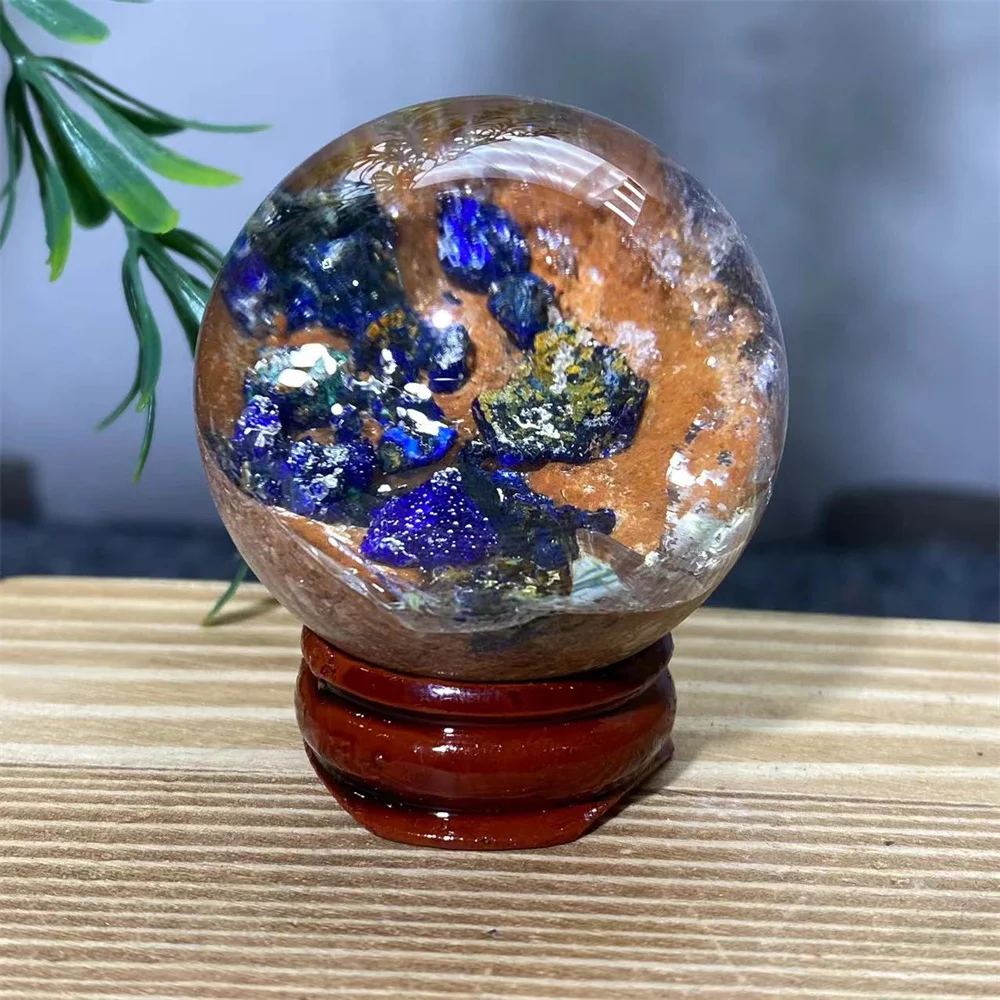 Azurite Quartz Ball Natural Stone Chalcopyrit Sphere Crystal Healing Room Decoration Holiday  Meditation Reiki Witchcraft+Stand