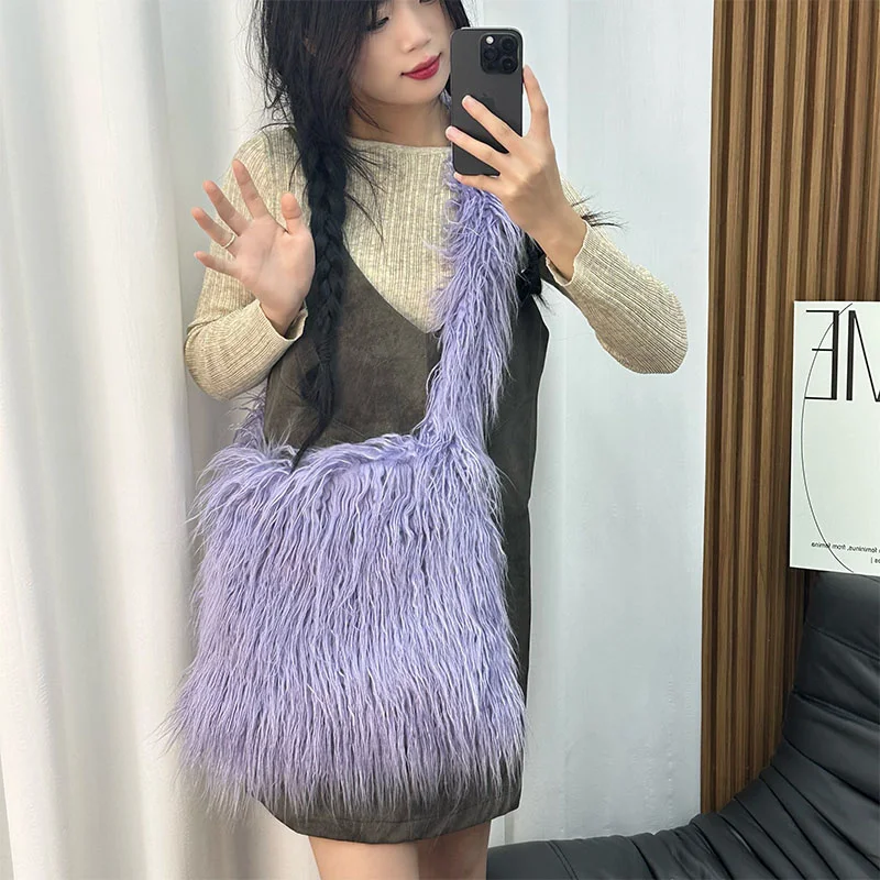 2023 Fashion Daily Matching Candy Color Faux Fur Beach Wool Plush Bag Women's Solid Color Square Handbag