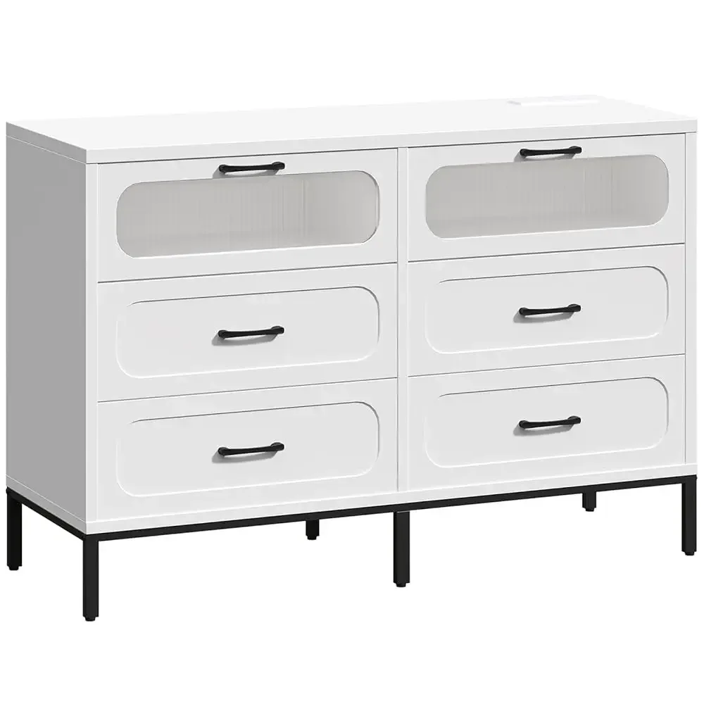 

White Dresser For Bedroom With Charging Station, 6 Drawers, Modern Chest Of Drawers With Led Light For Closet, Double Wide
