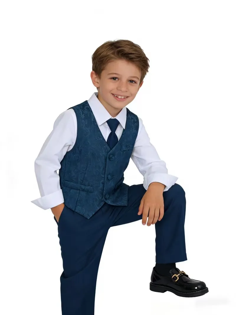 Prince Kids Spring Summer Blue Vest Pants Tie Piano Dress Boys Evening Party Suit Children Wedding Performance Host Custome