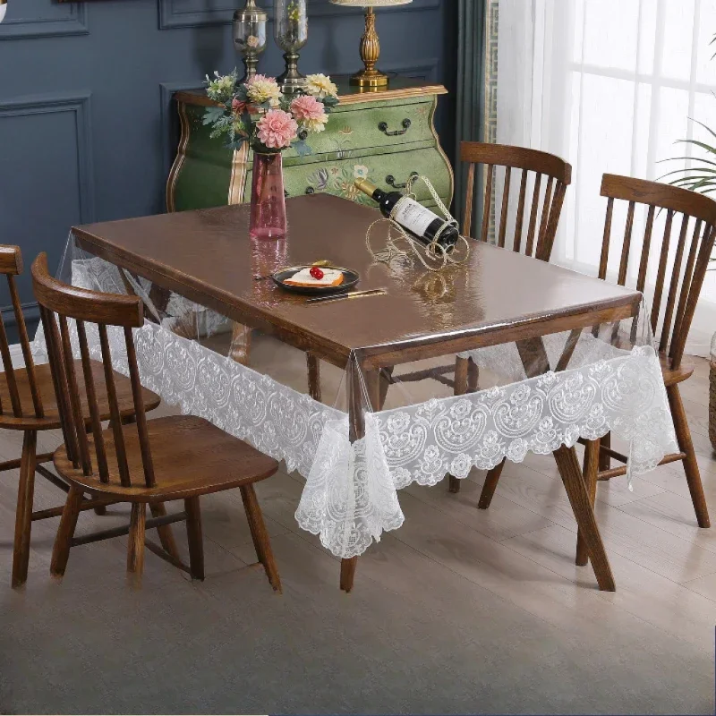 Clear Tables Cover PVC Transparent Embroidered Lace Tablecloth Soft Waterproof Table Cloth Household Rectangle Round Table Mat