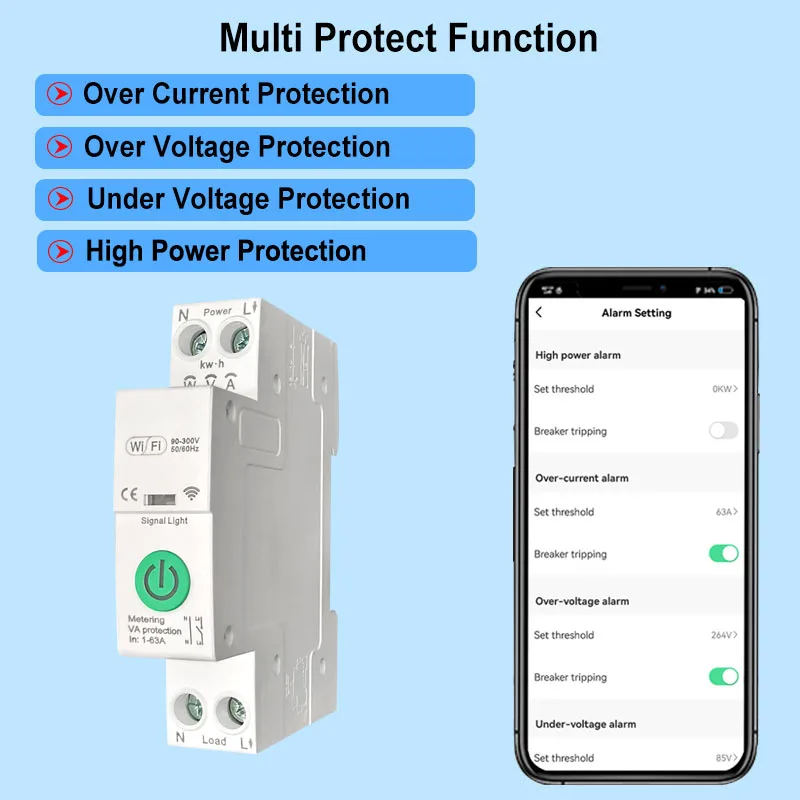 Interruttore automatico intelligente WiFi Tuya con timer interruttore 63A contatore di energia monitor KWH protezione da sovraccarico supporta Alexa Google Home