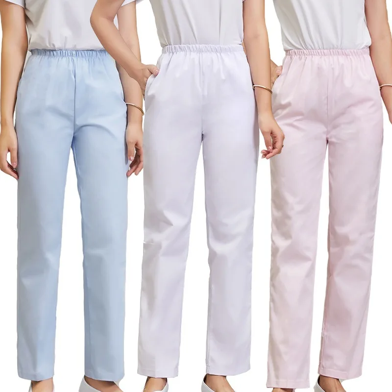 Pantaloni da infermiera Pantaloni medici in vita elastica Donna Dottore Bianco Rosa Blu