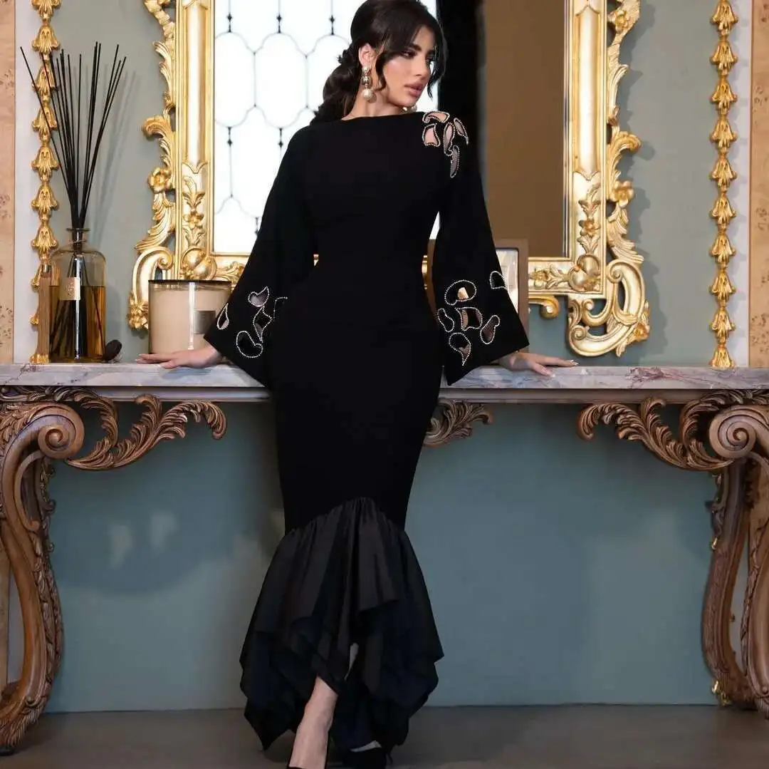 

2025 Autumn New Solid Color Fashionable Hollow Strap Design Temperament Fish Tail Dress Abaya Ramadan Dubai Luxury Islam Elegant