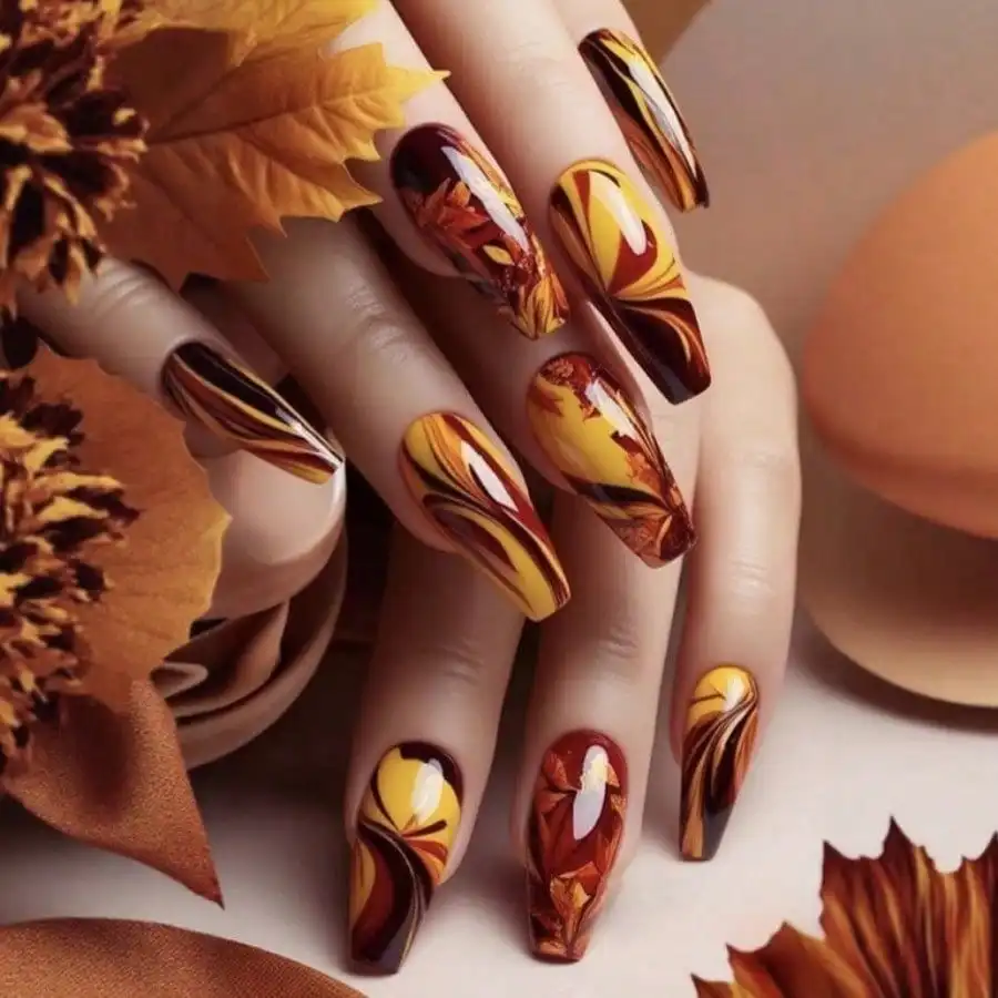 

24Pcs Autumn Maple Leaf Nail Stickers, Warm Brown Gradient, Self-Adhesive Reusable, Jelly Glue & Nail File, Fall Winter Manicure