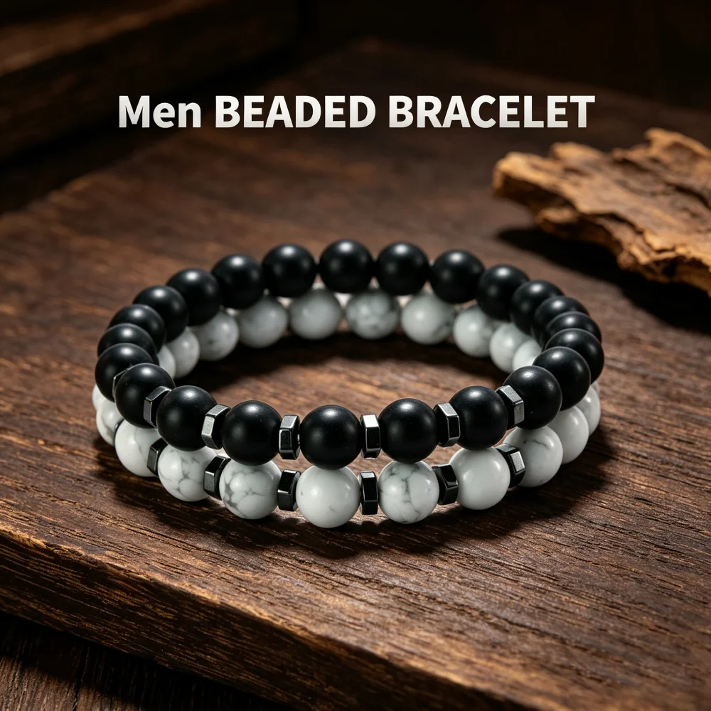 2Pcs Men Stone Bracelet Stackable Onyx White Howlite Beads Braslet Stress Relief Healing Crystal Braclet Male Fashion Wristband
