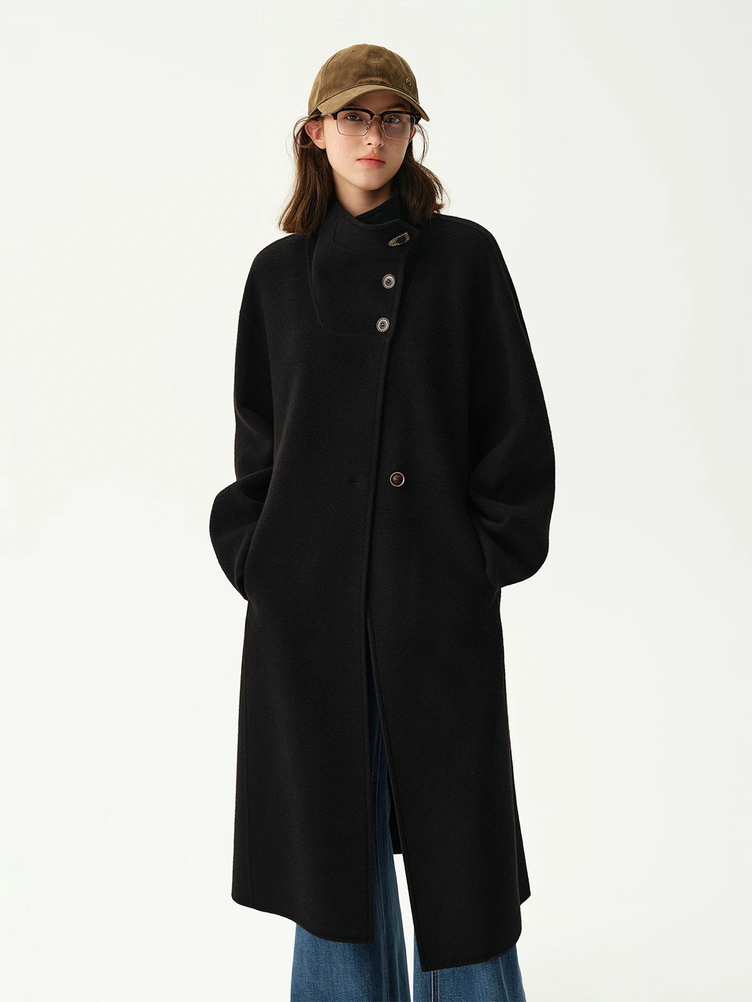 DUSHU Women Elegant Commuter Stand Collar Long Wool Coat Chic Button Embellishment Warm Woolen Overcoat Winter 2026 New Arrival