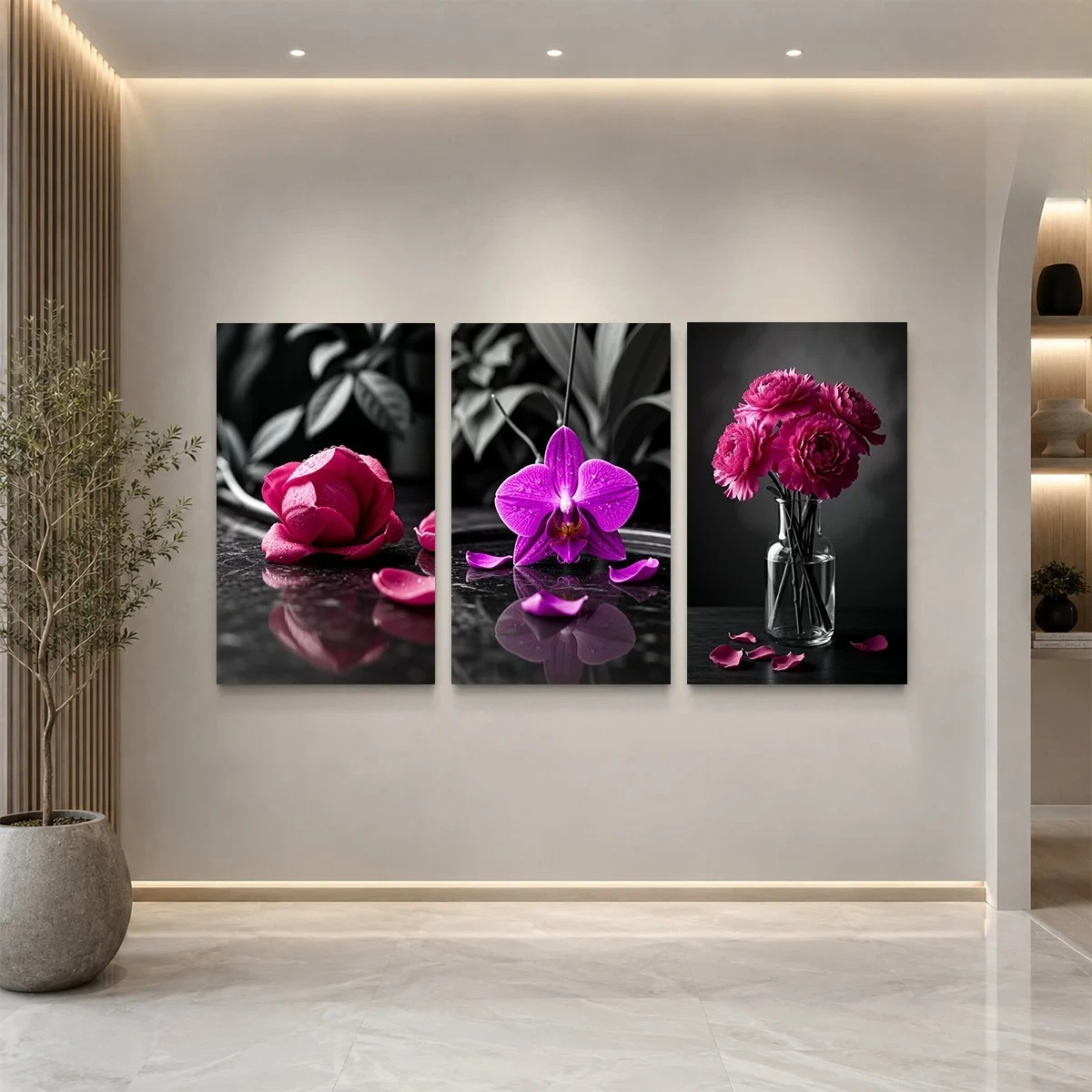 Frameless canvas 2D Flat 3pc  Wall Art – Three canvas prints with vibrant pink flowers on black and white backgrounds perfect