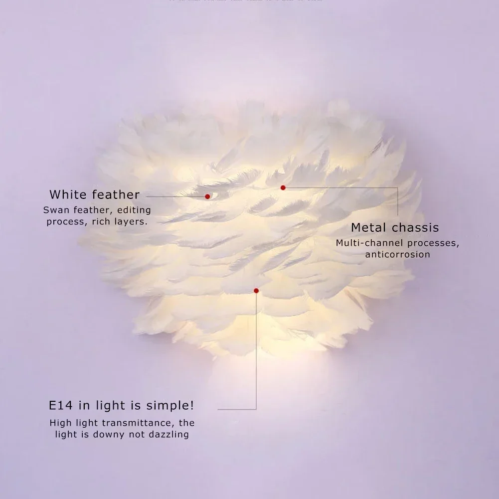 Скандинавская настенная лампа с чистым белым пером, романтические бра, лампа для прикроватного освещения в стиле INS, освещение для столовой, детской комнаты