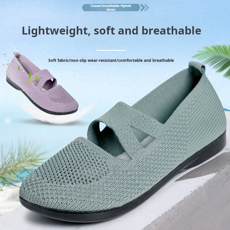 Zapatos planos de punto elástico para mujer, mocasines suaves transpirables de verano 2025, zapatos informales ligeros sin cordones para mujer, mocasines para mamá