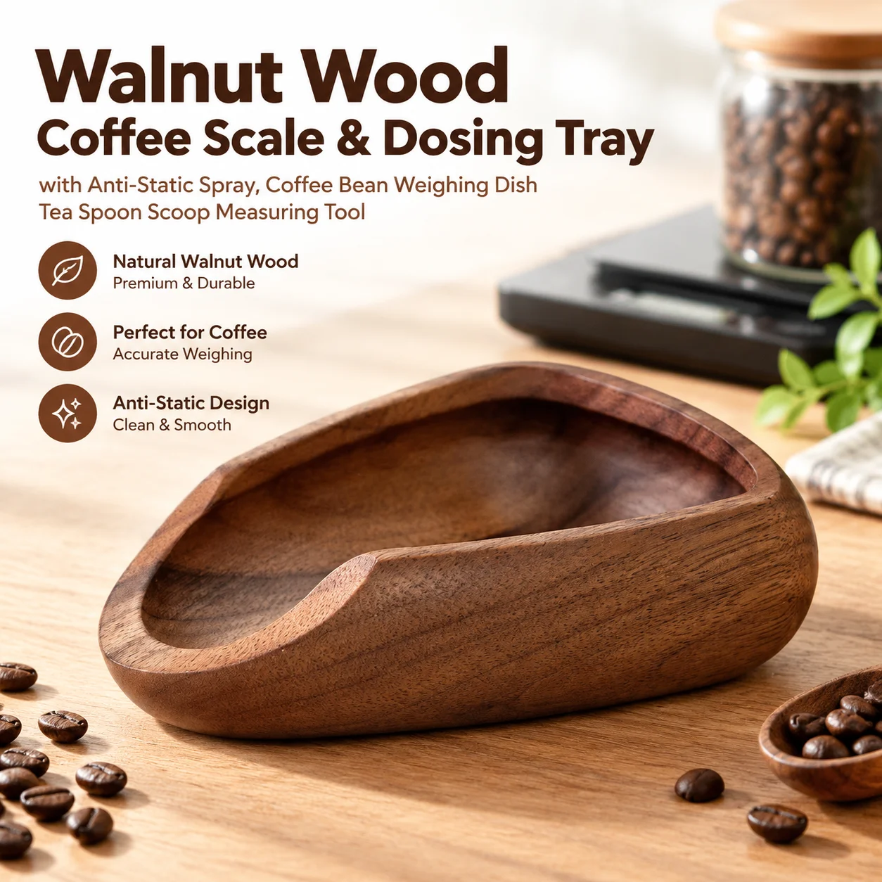Walnut Wood Coffee Scale & Dosing Tray with Anti-Static Spray, Coffee Bean Weighing Dish Tea Spoon Scoop Measuring Tool