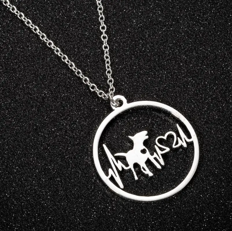Shuangshuo Trendy Dog Heartbeat Pendant Necklace for Women Hollow Round German Shepherd Stainless Steel Necklace Birthday Gift