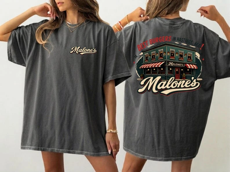Malone's Bar Off-Campus Printed T-Shirt Blair University Hockey Romantic Theme T-Shirt Best Burger in Hastings Massachusetts