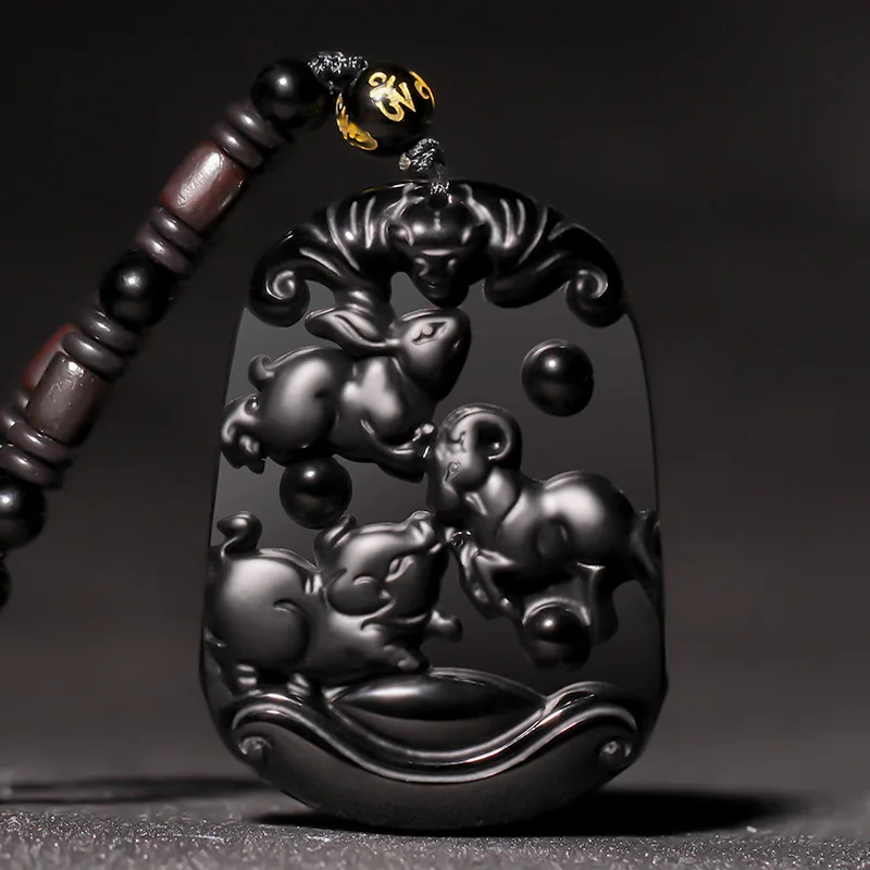 Obsidian Three-Zodiac Pendant: Gifts for Men & Women (Ox/Tiger/Rabbit/Dragon/Snake/Horse/Goat/Monkey/Rooster/Dog/Pig/Rat)