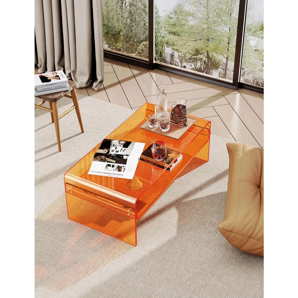 Acrylic Coffee Table for Living Room Clear Rectangle Lucite Table with Open Storage Shelf, Orange