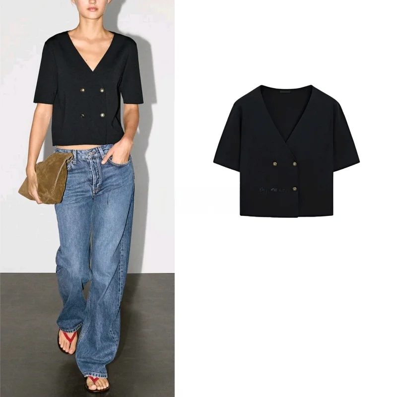 بلوزة نسائية جديدة لفصلي الربيع والصيف، محبوكة بياقة على شكل V وأكمام قصيرة، تصميم مفتوح من الأمام، مناسبة للعمل، مصنوعة من أ...